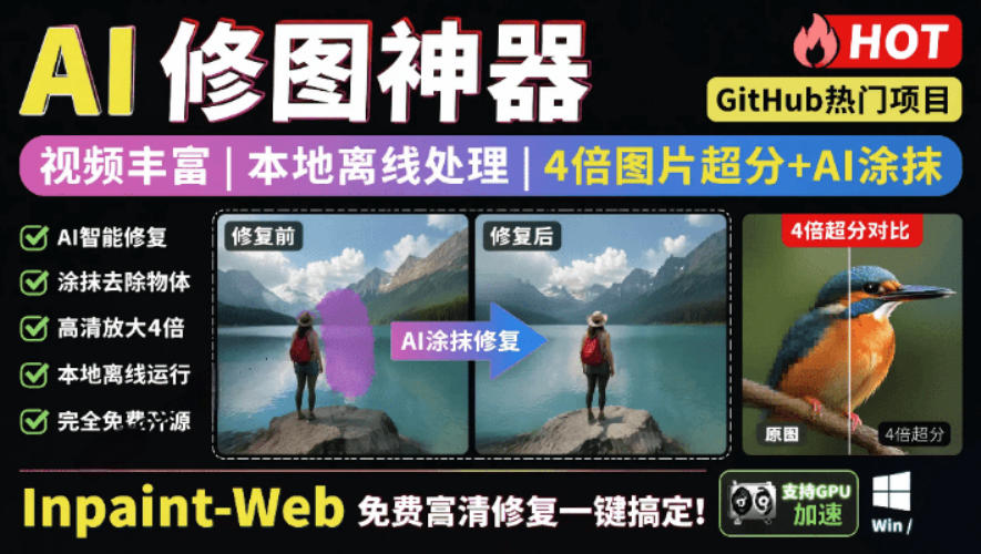 本地离线处理，4倍图片超分+AI涂抹去水印！Github上热门神器，免费高清修复图一键搞定！Inpaint-Web-知享资源网