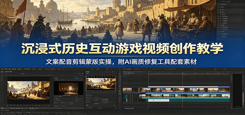 沉浸式历史互动游戏视频创作教学：文案配音剪辑蒙版实操，附AI画质修复工具配套素材-知享资源网