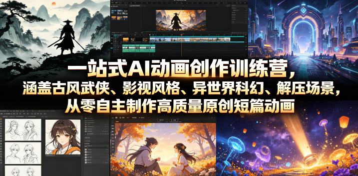 一站式AI动画创作训练营，涵盖古风武侠、影视风格、异世界科幻、解压场景，从零自主制作高质量原创短篇动画-知享资源网