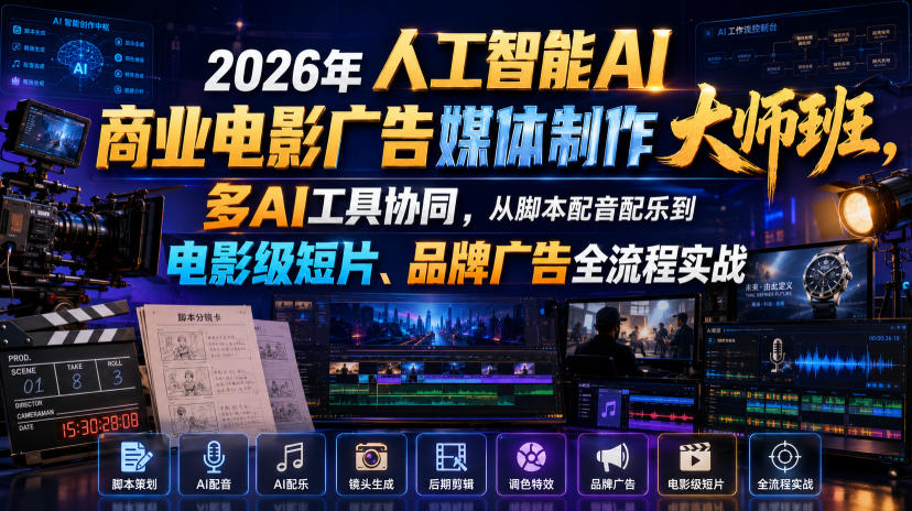 2026年人工智能AI商业电影广告媒体制作大师班，多AI工具协同，从脚本配音配乐到电影级短片、品牌广告全流程实战（中英字幕）-知享资源网