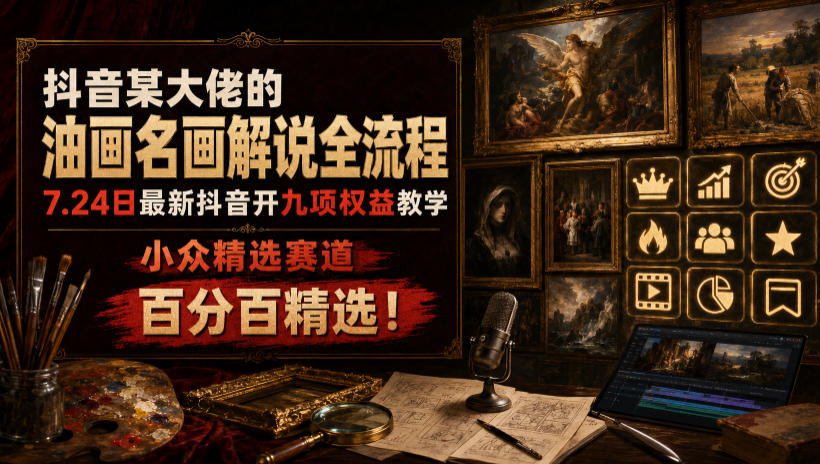 抖音某大佬的油画名画解说全流程，7.24日最新抖音开九项权益教学，小众精选赛道，百分百精选！-知享资源网
