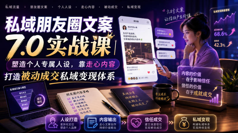 私域朋友圈文案7.0实战课｜塑造个人专属人设，靠走心内容打造被动成交私域变现体系-知享资源网