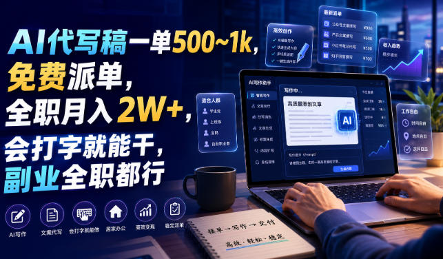 AI代写稿一单500~1k，免费派单，全职月入2W+，会打字就能干，副业全职都行【揭秘】-知享资源网