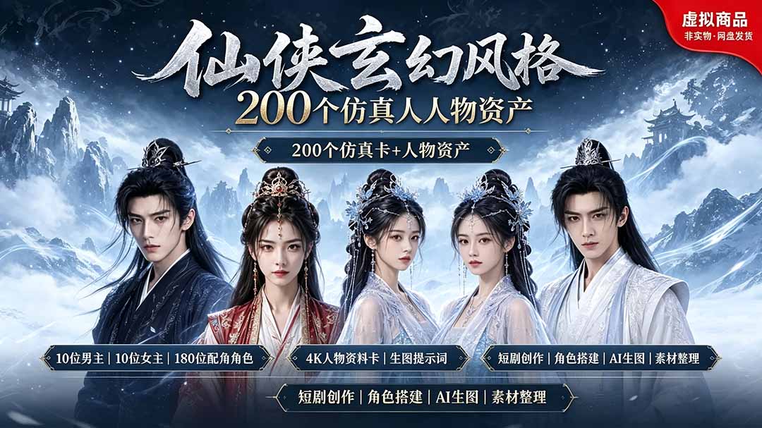 （19301期）200个仙侠玄幻仿真人素材◆10男主×10女主×180配角，4K资料卡+AI生图提示词，漫剧必备-知享资源网