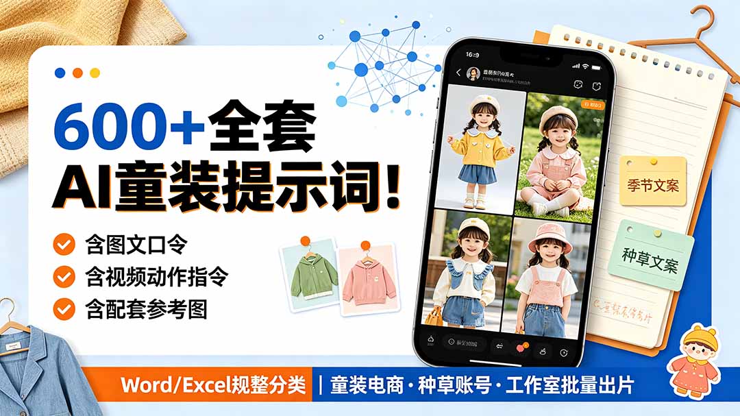 （19302期）600+全套AI童装提示词！含图文口令+视频动作指令+配套参考图，Word/Excel规整分类，童装电商、种草无脑量产内容-知享资源网