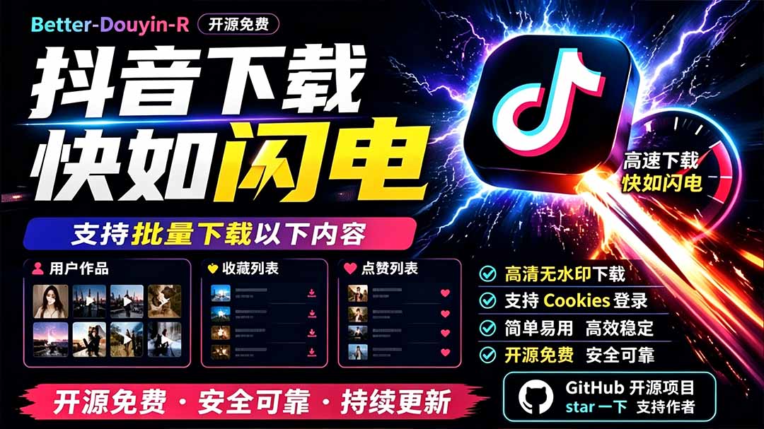 （19445期）别再乱找了！D音下载快如闪电，支持批量下载用户作品收藏列表和点赞列表，开源免费 Better-douyin-R-知享资源网