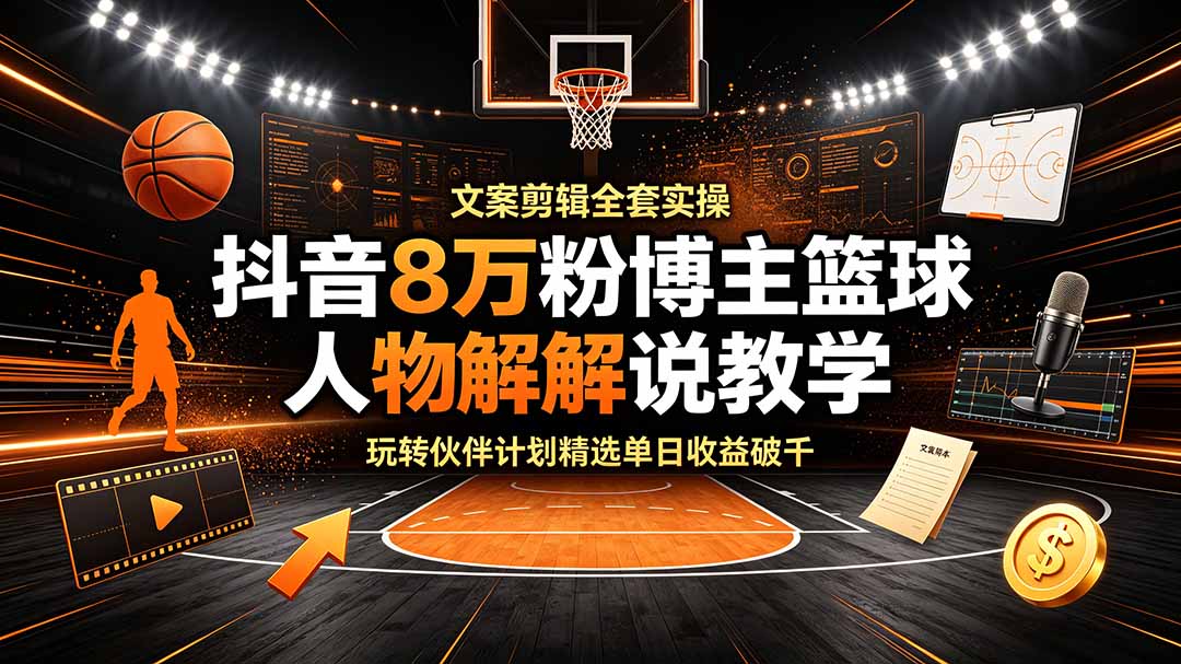 （19135期）抖音8万粉博主篮球人物解说教学，文案剪辑全套实操，玩转伙伴计划精选单日收益破千-知享资源网