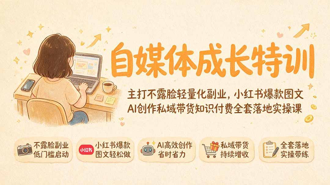 （19584期）自媒体成长特训｜主打不露脸轻量化副业，小红书爆款图文AI创作私域带货知识付费全套落地实操课-知享资源网