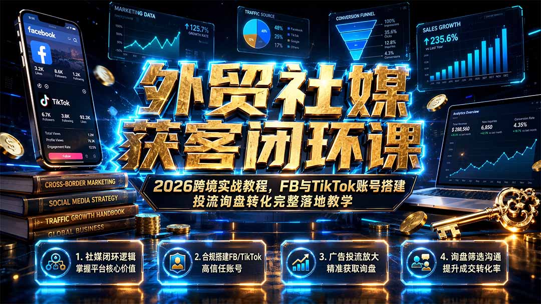 （19611期）外贸社媒获客闭环课｜2026跨境实战教程，FB与TikTok账号搭建投流询盘转化完整落地教学-知享资源网