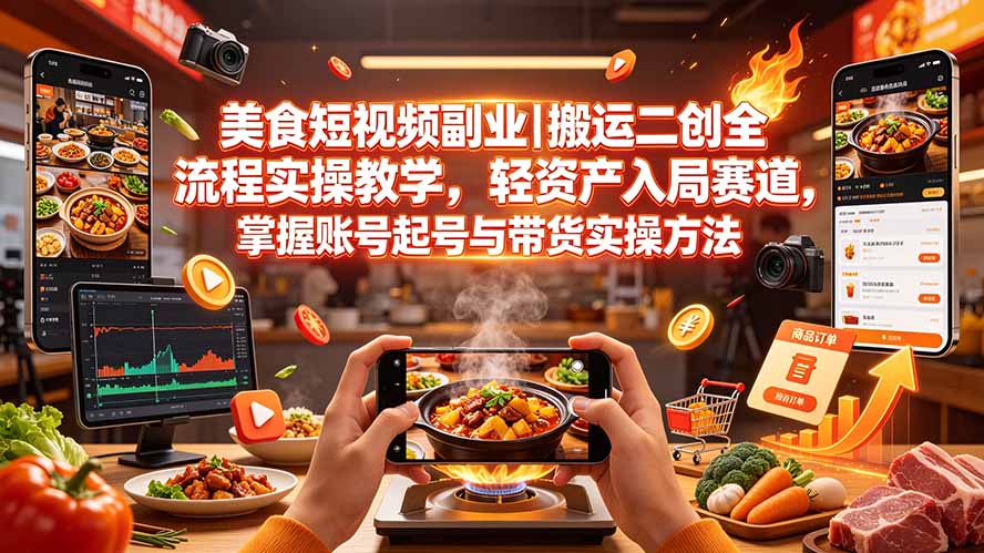 （19535期）美食短视频副业｜搬运二创全流程实操教学，轻资产入局赛道，掌握账号起号与带货实操方法-知享资源网