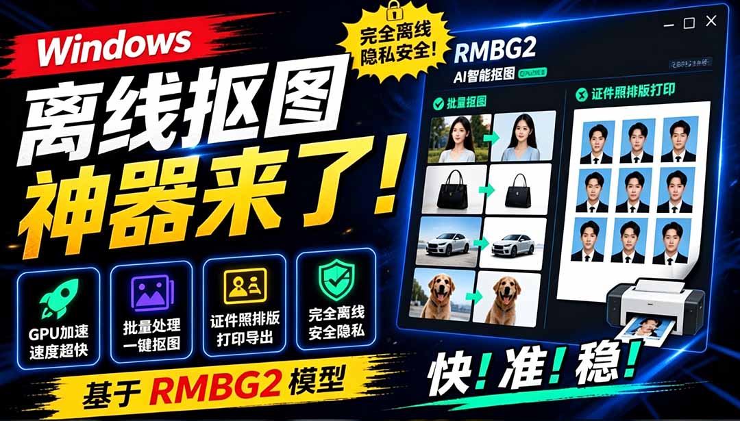 （19357期）Windows离线抠图神器来了！支持批量抠图 + 证件照排版打印，基于RMBG2模型，GPU加速 方块AI抠图-知享资源网
