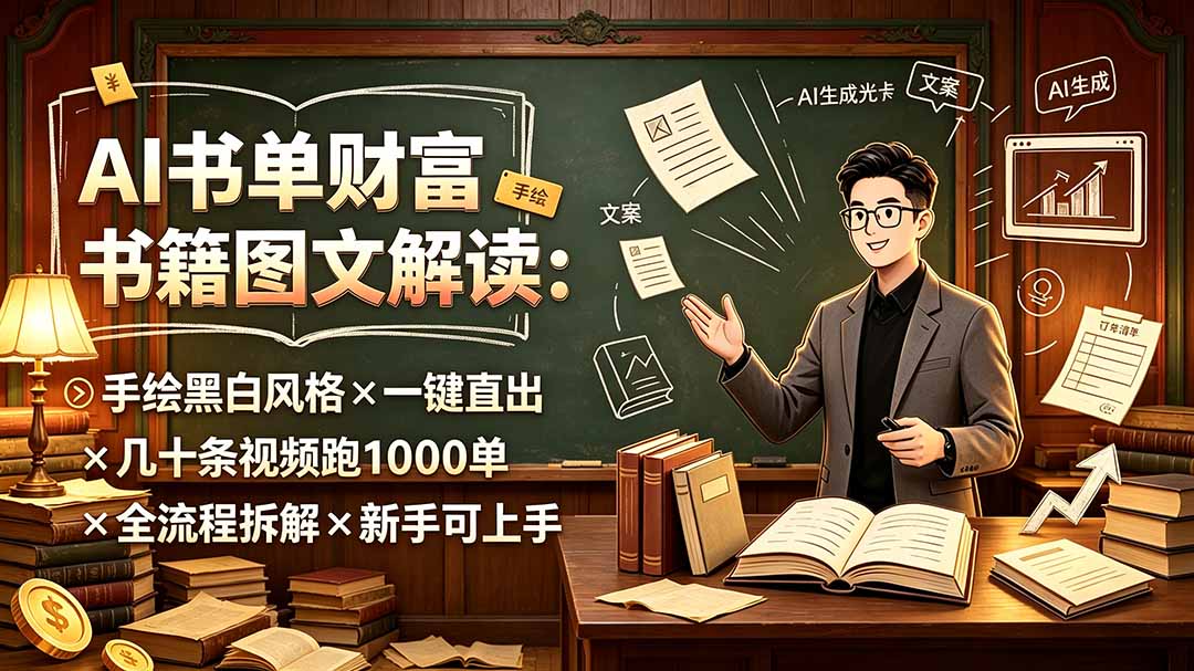 （19515期）AI书单财富书籍图文解读：手绘黑白风格×一键直出×几十条视频跑1000单×全流程拆解×新手可上手-知享资源网