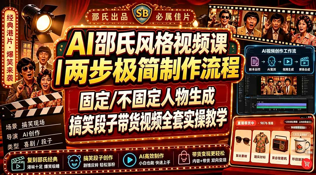 （19602期）AI邵氏风格视频课｜两步极简制作流程，固定/不固定人物生成，搞笑段子带货视频全套实操教学-知享资源网