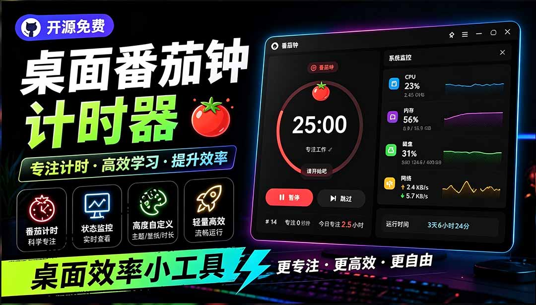 （19564期）仅1.16MB，开源极简的桌面时钟、番茄钟计时器，还支持系统监控显示，桌面效率小工具 Catime-知享资源网