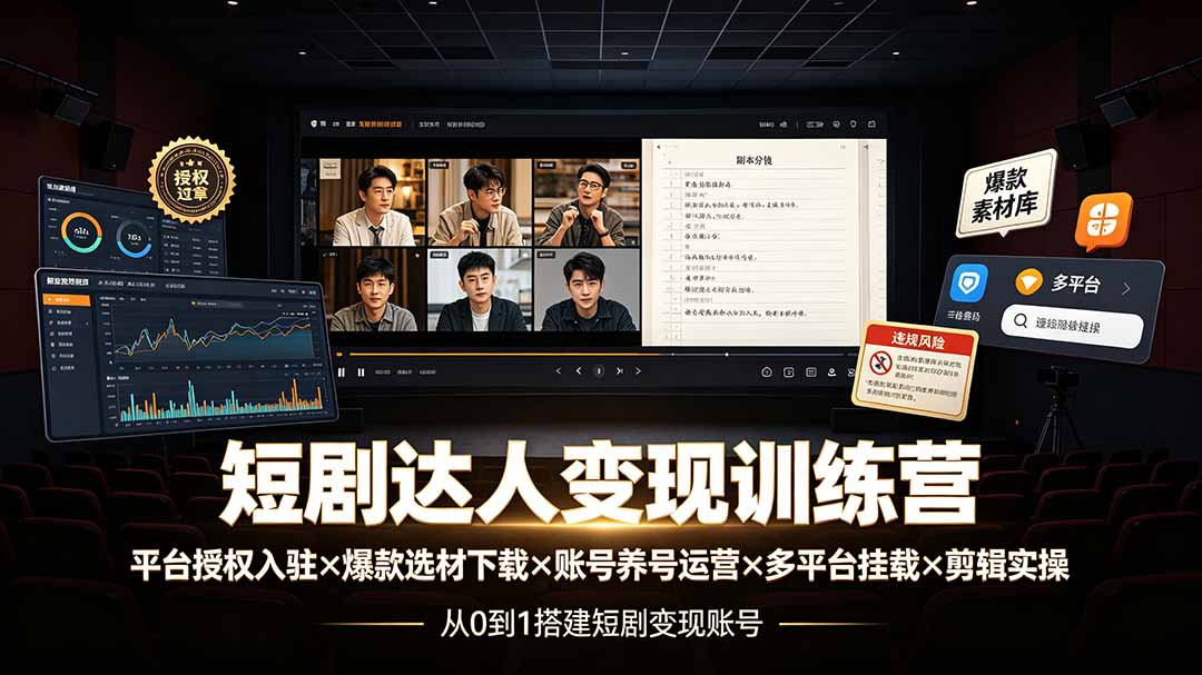 （19551期）短剧达人变现训练营：平台授权入驻×爆款选材下载×账号养号运营×多平台挂载×剪辑实操×违规处理全流程-知享资源网