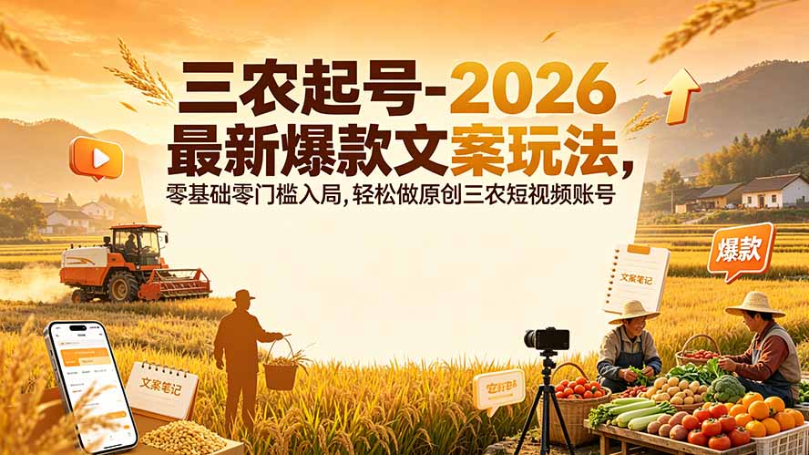 （19537期）三农起号-2026 最新爆款文案玩法，零基础零门槛入局，轻松做原创三农短视频账号-知享资源网