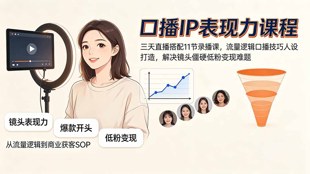 （19604期）口播IP表现力课程｜三天直播搭配11节录播课，流量逻辑口播技巧人设打造，解决镜头僵硬低粉变现难题-知享资源网