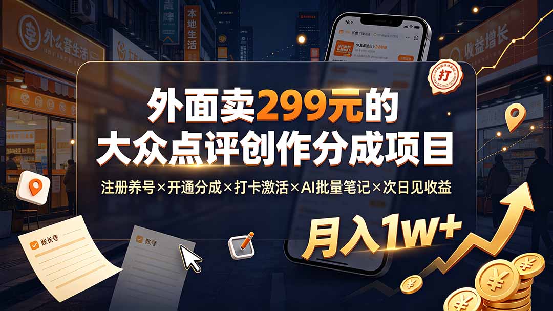 （19488期）外面卖299元的大众点评创作分成项目：注册养号×开通分成×打卡激活×AI批量笔记×次日见收益，月入1w+-知享资源网