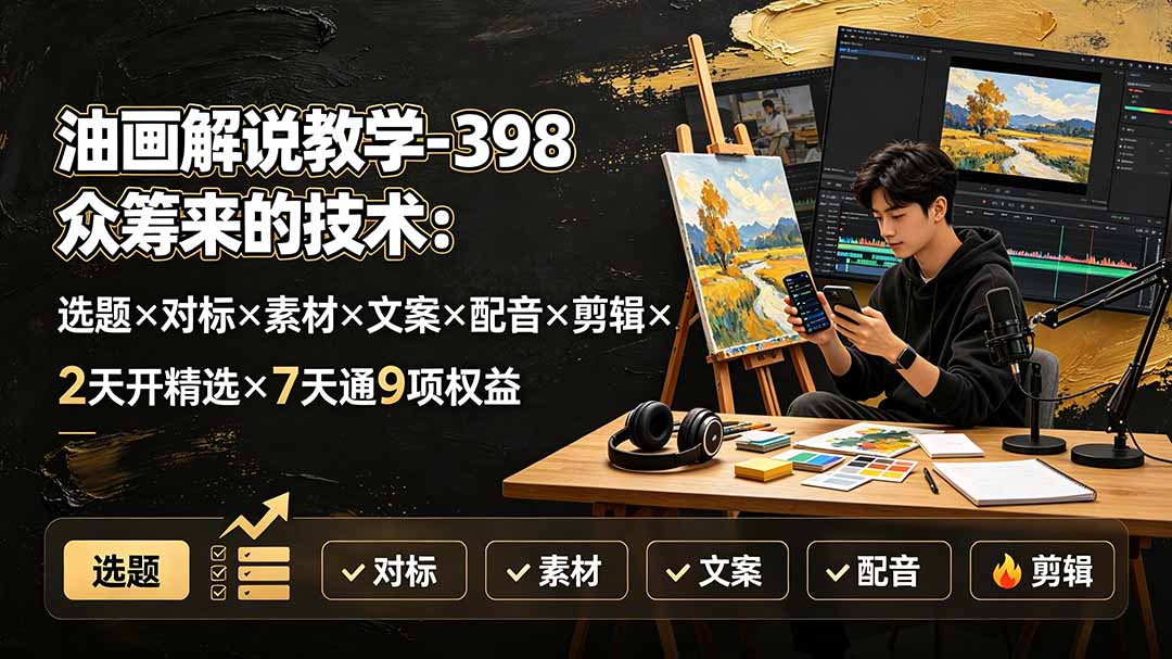 （19587期）油画解说教学-398众筹来的技术-刯新：选题×对标×素材×文案×配音×剪辑×2天开精选×7天通9项权益-知享资源网