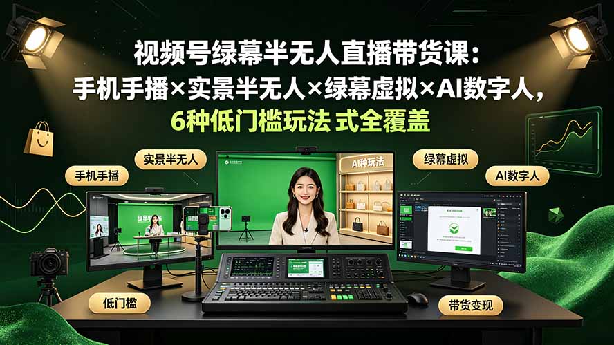 （19271期）视频号绿幕半无人直播带货课：手机手播×实景半无人×绿幕虚拟×AI数字人，6种低门槛玩法全覆盖-知享资源网