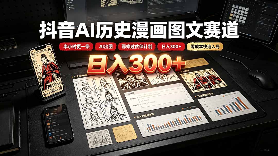 (19498期)抖音AI历史漫画图文赛道:半小时更一条×AI出图×邪修过伙伴计划×日入300+,零成本快速入局-知享资源网