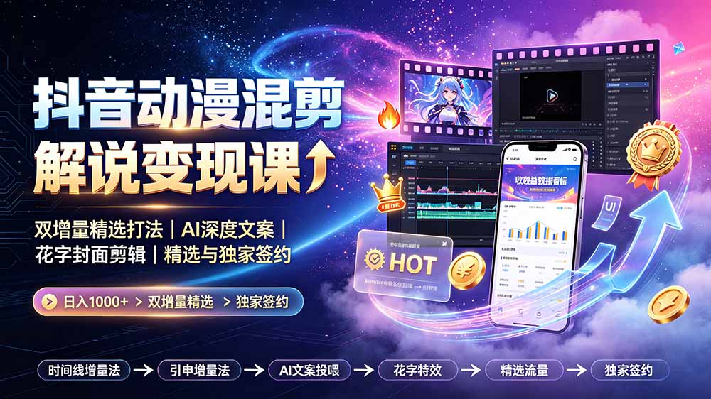 （19311期）抖音动漫混剪解说变现课：双增量精选打法｜AI深度文案｜花字封面剪辑｜ 精选与独家签约日入1000+-知享资源网