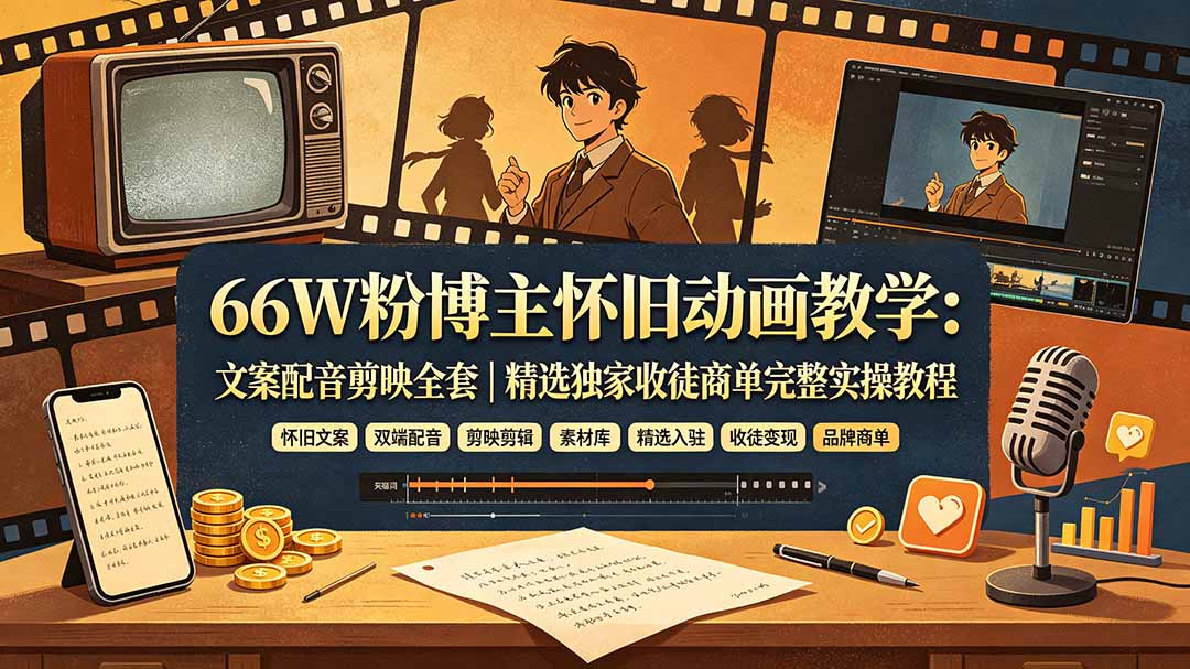（19499期）66W粉博主怀旧动画教学：文案配音剪映全套｜精选独家收徒商单完整实操教程-知享资源网