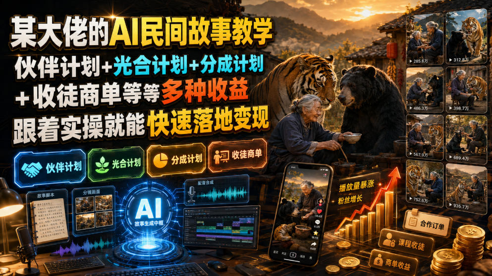 （19360期）某大佬的AI民间故事教学，伙伴计划+光合计划+分成计划+收徒商单等多种收益，跟着实操就能快速落地变现-知享资源网