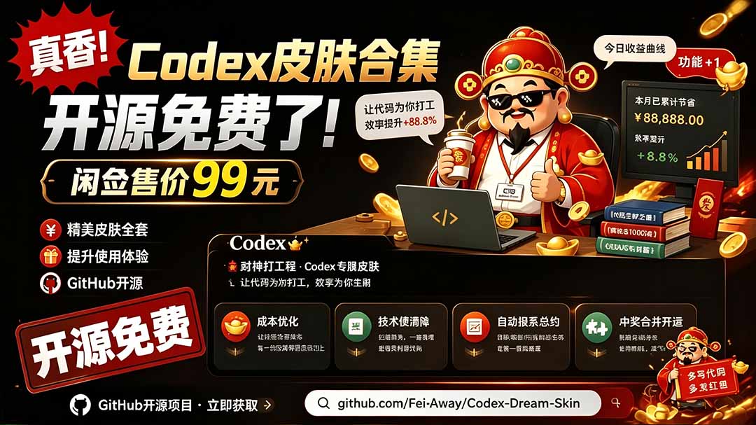（19432期）闲鱼售卖99元的Codex皮肤包，GitHub 免费开源了！让你的codex变成精美界面 Codex Dream Skin-知享资源网