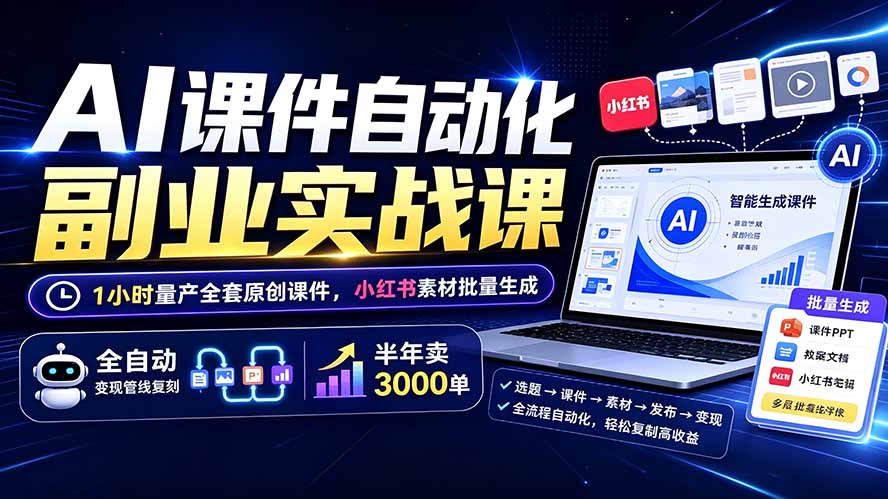 （19518期）AI课件自动化副业实战课：1小时量产全套原创课件×小红书素材批量生成×全自动变现管线×半年卖3000单-知享资源网