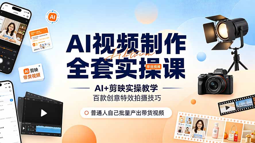 （19200期）AI视频制作全套实操课，多款AI工具搭配剪映教学，百种特效运镜拍摄实操，抖音账号带货运营全覆盖-知享资源网