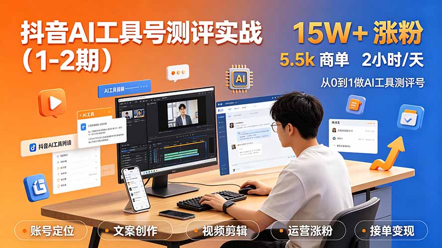 （19380期）抖音AI工具号测评实战（1-2期）：单号涨粉15W+×商单5.5k×伙伴计划×普通人可复制，每天2小时长期可持续-知享资源网