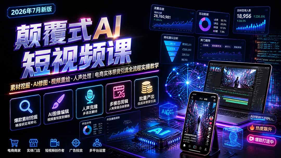（19630期）颠覆式AI短视频课｜素材挖掘，AI修图，视频重绘，人声处理｜电商实体带货引流全流程实操教学-知享资源网