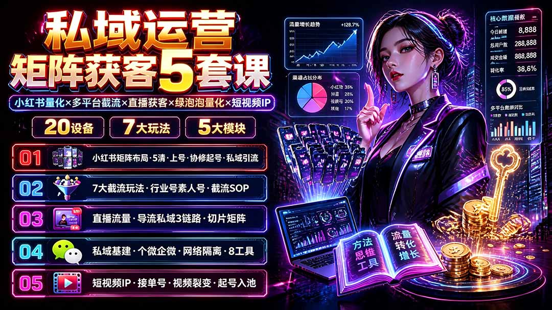 （19617期）私域运营矩阵获客5套课：小红书量化×多平台截流×直播获客×绿泡泡量化×短视频IP×20设备×7大玩法-知享资源网