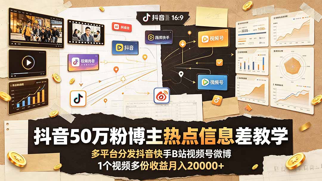 （19145期）抖音50万粉博主热点信息差教学：多平台分发抖音快手B站视频号微博，1个视频多份收益月入20000+-知享资源网