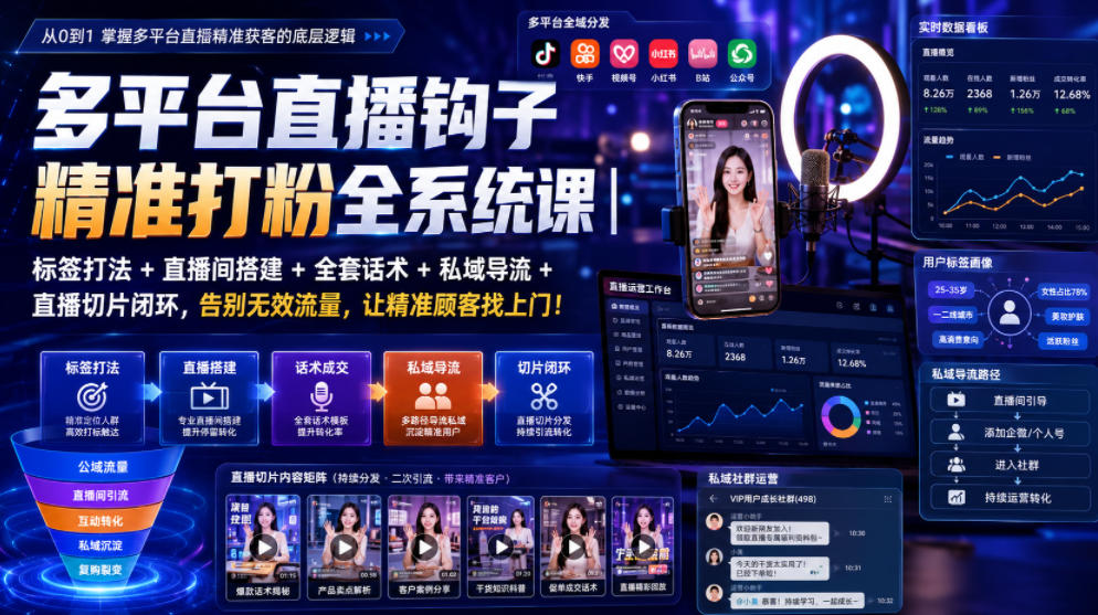 多平台直播钩子精准打粉全系统课｜标签打法+直播间搭建+全套话术+私域导流+直播切片闭环，告别无效流量，让精准顾客找上门！-知享资源网
