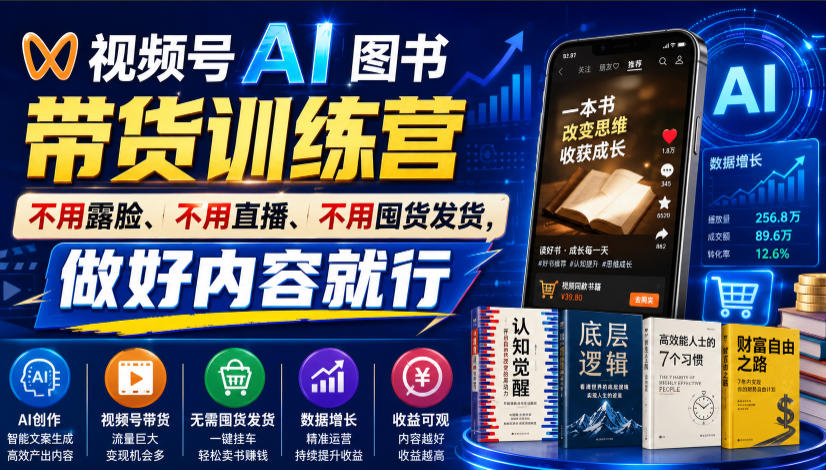 视频号AI图书带货训练营，不用露脸、不用直播、不用囤货发货，做好内容就行，一条爆款视频佣金8942-知享资源网
