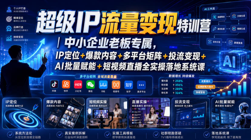 超级IP流量变现特训营｜中小企业老板专属，IP定位+爆款内容+多平台矩阵+投流变现+AI批量赋能+短视频直播全实操落地系统课-知享资源网