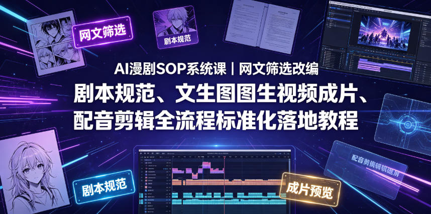 AI漫剧SOP系统课｜网文筛选改编、剧本规范、文生图图生视频成片、配音剪辑全流程标准化落地教程-知享资源网