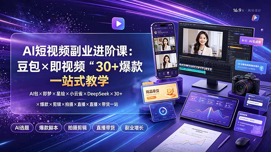 （19458期）AI短视频副业进阶课：豆包×即梦×星绘×小云雀×DeepSeek×30+爆款×剪辑×拍摄×直播×带货一站式教学-知享资源网