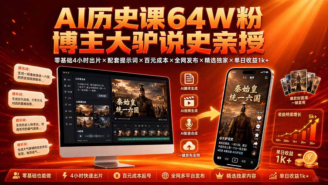 （19557期）AI历史课64W粉博主大驴说史亲授：零基础4小时出片×配套提示词×百元成本×全网发布×精选独家×单日收益1k+-知享资源网