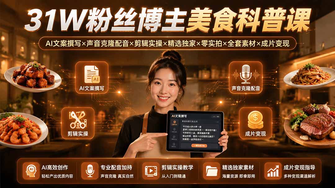 （19558期）31W粉丝博主美食科普课：AI文案撰写×声音克隆配音×剪辑实操×精选独家×零实拍×全套素材×成片变现-知享资源网