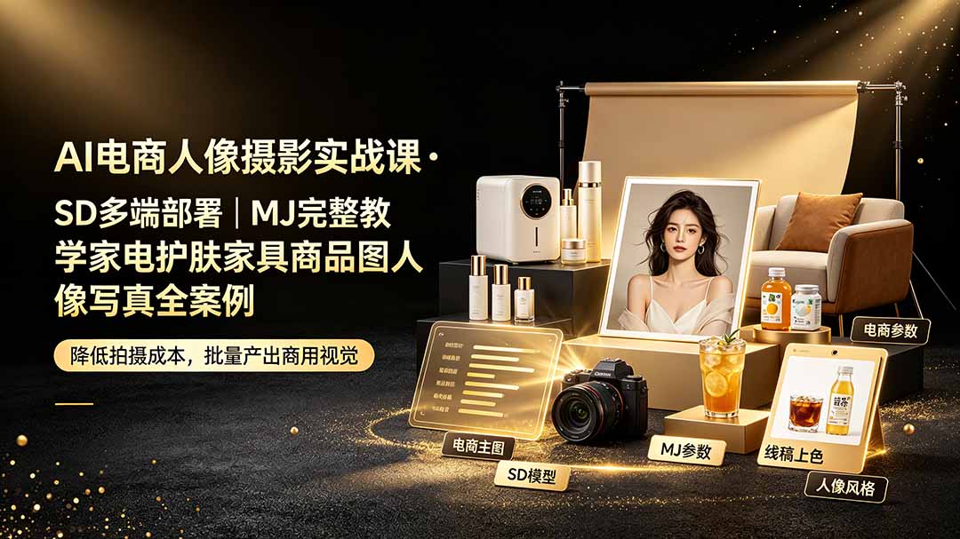 （19262期）AI电商人像摄影实战课·SD多端部署｜MJ完整教学｜家电护肤家具商品图人像写真全案例-知享资源网