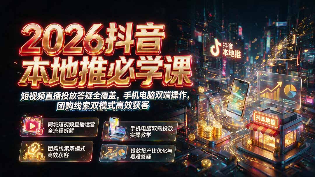 （19618期）2026抖音本地推必学课｜短视频直播投放答疑全覆盖，手机电脑双端操作，团购线索双模式高效获客-知享资源网