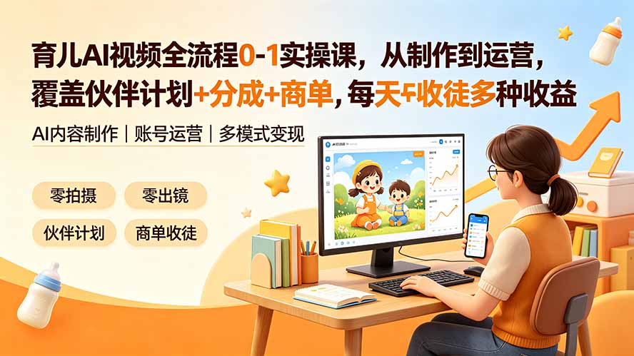 （19236期）育儿AI视频全流程0-1实操课，从制作到运营，覆盖伙伴计划+分成+商单+收徒多种收益，每天500+收益-知享资源网