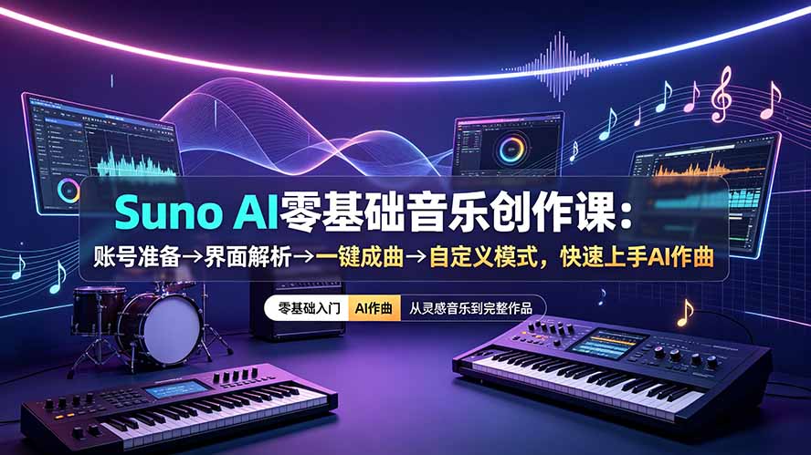 （19264期）Suno AI零基础音乐创作课：账号准备→界面解析→一键成曲→自定义模式，快速上手AI作曲-知享资源网
