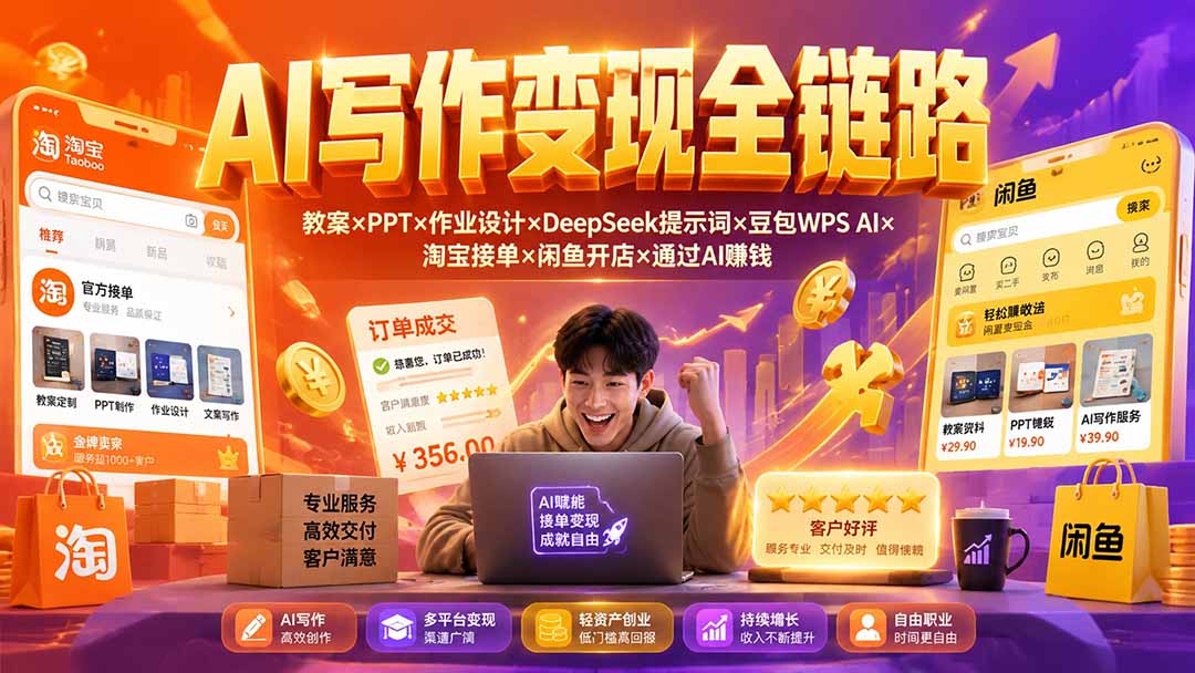（19561期）2026AI写作变现全链路：教案×PPT×作业设计×DeepSeek提示词×豆包WPS AI×淘宝接单×闲鱼开店×通过AI賺钱-知享资源网