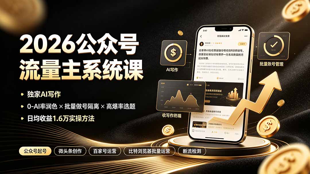 （19405期）2026公众号流量主系统课：独家AI写作×0-AI率润色×批量做号隔离×高爆率选题，日均收益1.6万实操方法-知享资源网