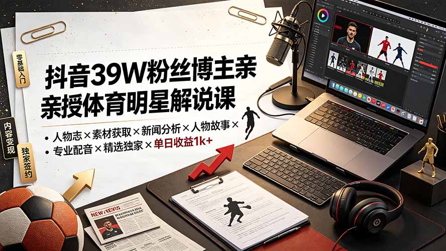 （19476期）抖音39W粉丝博主亲授体育明星解说课：人物志×素材获取×新闻分析×人物故事×专业配音×精选独家×单日收益1k+-知享资源网