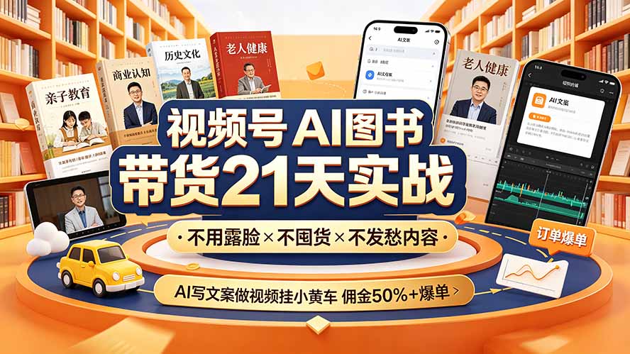 （19476期）视频号AI图书带货21天实战：不用露脸×不囤货×不发愁内容，AI写文案做视频挂小黄车，佣金50%+爆单-知享资源网